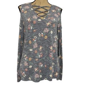 Cold Shoulder Long Sleeve Strappy Floral Pattern Top- L